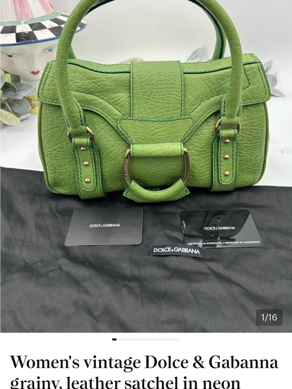 Women’s vintage dolce & Gabbana grainy, leather satchel in neon green made Italy